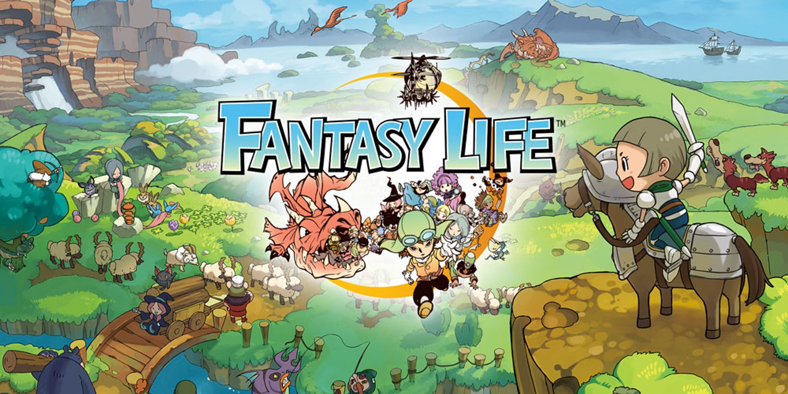 official promotional art for Fantasy Life, which features the logo in the center of a landscape of the East Grassy Plains, which has green hills and many characters from the game in various places. the logo features the title in blocky text, a crescent moon shape, and a bunch of characters advancing towards the viewer, with a red Napdragon off to the left and an airship up above the title